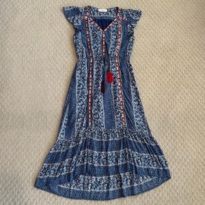 MOMNI Hi-Lo Floral/Striped Embroidered Midi Dress Blue/White S Boho Cottagecore